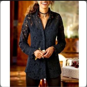 Sz S Soft Surroundings Francesca Black Lace Ruffle Shirt Button-Down Long Sleeve